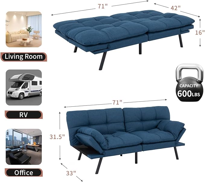 MUUEGM Futon Sofa Bed Convertible Memory Foam Sleeper Couch,Modern Loveseat for Living Room,Small Compact Space,Dorm,Office,Adjustable Armrests Backrest Sofabed, Linen Blue - LeafyLoom