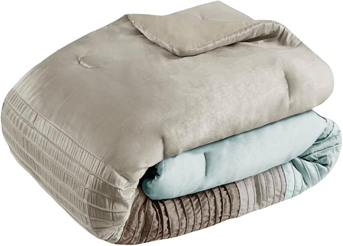Madison Park Amherst Faux Silk Comforter Set-Casual Contemporary Design All Season Down Alternative Bedding, Matching Shams, Bedskirt, Decorative Pillows, King(104"x92"), Blue, 7 Piece (MP10-043) - LeafyLoom