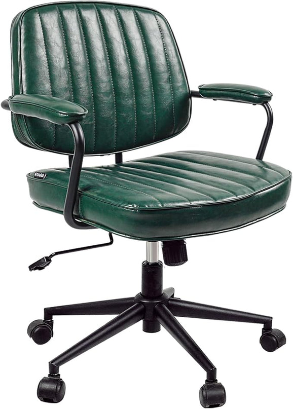 Arts Wish Mid Century Office Chair, Green Leather Desk Chair with Wheels and Arms, Adjustable Seat Height and Backrest, Suitable for Home or Office Use - LeafyLoom