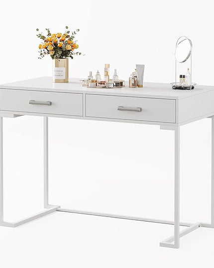 Computer Desk with 2 Drawers, Wooden Writing Desks for Home Office, White - LeafyLoom