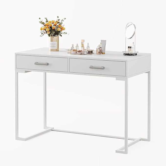 Computer Desk with 2 Drawers, Wooden Writing Desks for Home Office, White - LeafyLoom