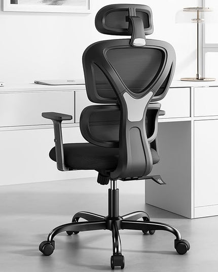 Sytas Ergonomic Office Chair, High Back Mesh Desk Chair with Lumbar Support and Adjustable Headrest, Executive Swivel Computer Chair for Home Office, Tilt Function, Black - LeafyLoom