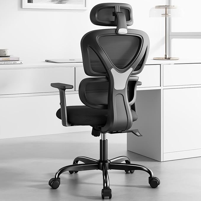 Sytas Ergonomic Office Chair, High Back Mesh Desk Chair with Lumbar Support and Adjustable Headrest, Executive Swivel Computer Chair for Home Office, Tilt Function, Black - LeafyLoom
