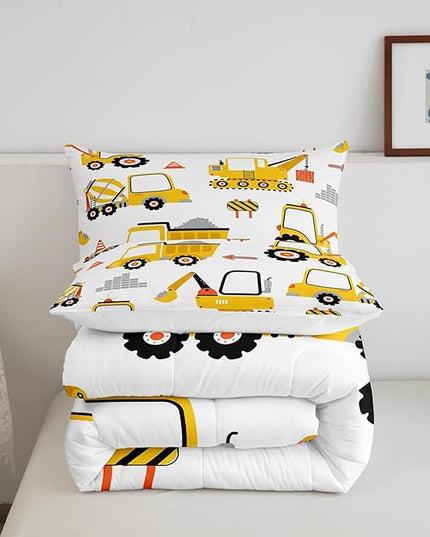 Cartoon Car Comforter Set Kids Construction Comforter for Boys Equipment Trucks Bedding Set Breathable Cartoon Yellow Car Excavator Tractor Duvet Set Room Decor Quilt Set Full Size - LeafyLoom