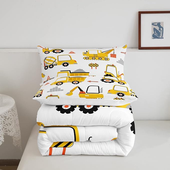 Cartoon Car Comforter Set Kids Construction Comforter for Boys Equipment Trucks Bedding Set Breathable Cartoon Yellow Car Excavator Tractor Duvet Set Room Decor Quilt Set Full Size - LeafyLoom
