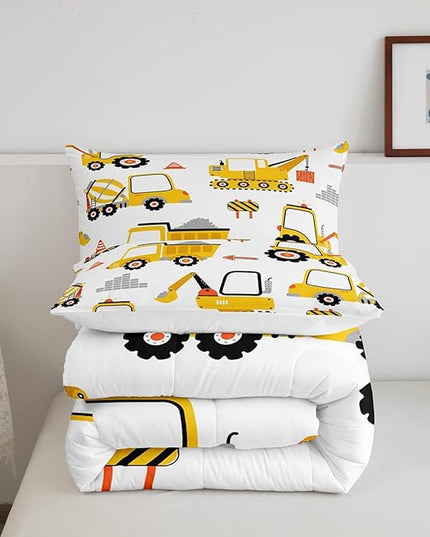 Feelyou Cartoon Car Comforter Set Kids Construction Comforter for Boys Equipment Trucks Bedding Set Breathable Cartoon Yellow Car Excavator Tractor Duvet Set Room Decor Quilt Set King Size - LeafyLoom
