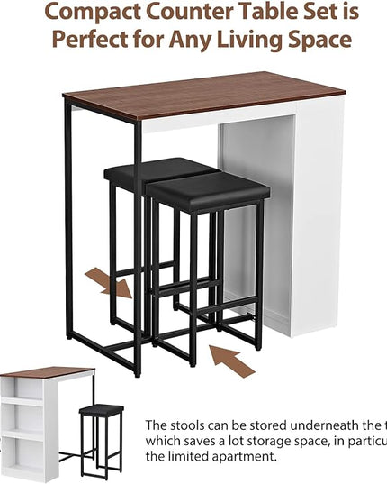 Panana 3 Piece Dining Table Set Kitchen Bar Table with Two Stool Storage Shelves Wood Counter Height Table Top with Sew Kerf Finish Dining Room Home - LeafyLoom