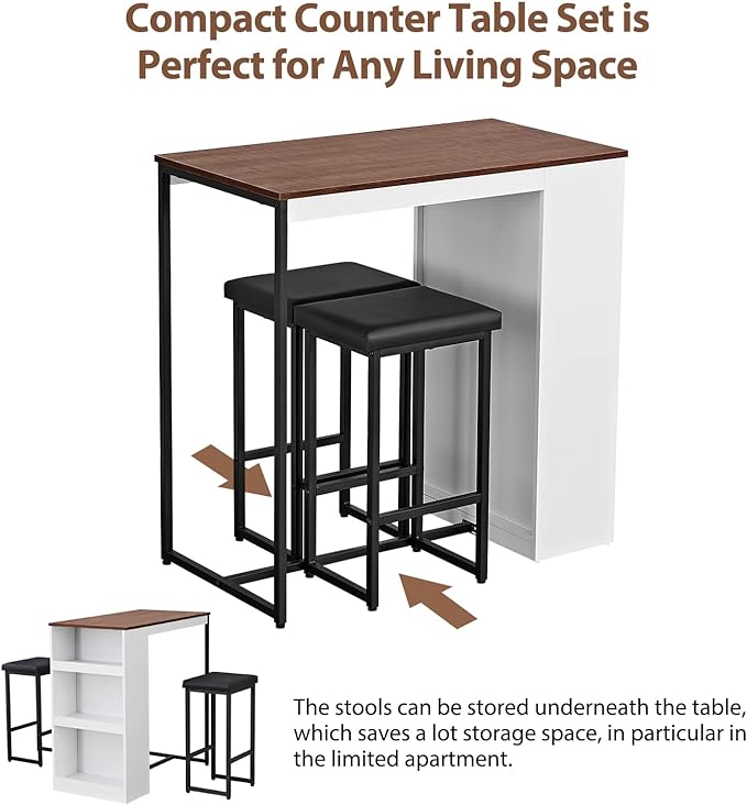 Panana 3 Piece Dining Table Set Kitchen Bar Table with Two Stool Storage Shelves Wood Counter Height Table Top with Sew Kerf Finish Dining Room Home - LeafyLoom