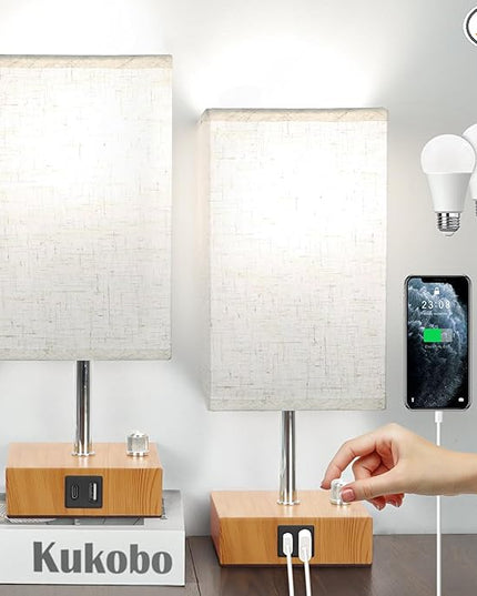 Small Bedside Lamps Set of 2, Fully Table Lamp for Bedroom Office, Nightstand Lamp with USB C+A Ports & AC Outlet, Square Beige Fabric Shade Wood Grain Metal Base(LED Blubs Included) - LeafyLoom