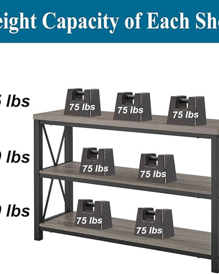 BON AUGURE Rustic Sofa Table Behind Couch, Industrial Console Tables for Entryway, 3 Tier Wood Shelves Entry Table with Storage for Foyer, Hallway, Front Door (47 Inch, Dark Grey Oak) - LeafyLoom