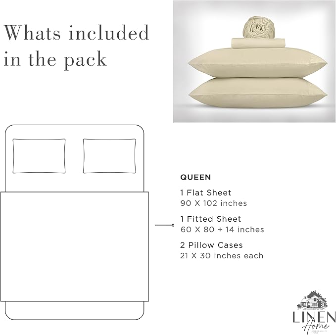 Linen Home Washed Cotton Percale Queen Sheet Set, Ivory, Deep Pocket, 4 Pieces Bed Sheets - 1 Flat Sheet, 1 Fitted Sheet & 2 Envelope Closure Pillowcases, Cool and Comfortable Bed Linen - LeafyLoom