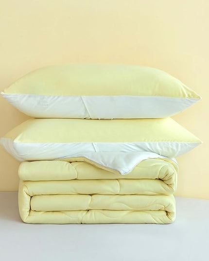 COTTEBED Reversible KING Bedding Comforter Set, Jersey Knit All Season Milk Cup Dual-Side Down Comforters, Super Soft Breathable Fluffy Lightweight Quilt & Pillow Shams(Yellow and White King/Cal King) - LeafyLoom