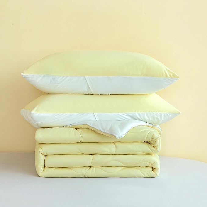 COTTEBED Reversible KING Bedding Comforter Set, Jersey Knit All Season Milk Cup Dual-Side Down Comforters, Super Soft Breathable Fluffy Lightweight Quilt & Pillow Shams(Yellow and White King/Cal King) - LeafyLoom