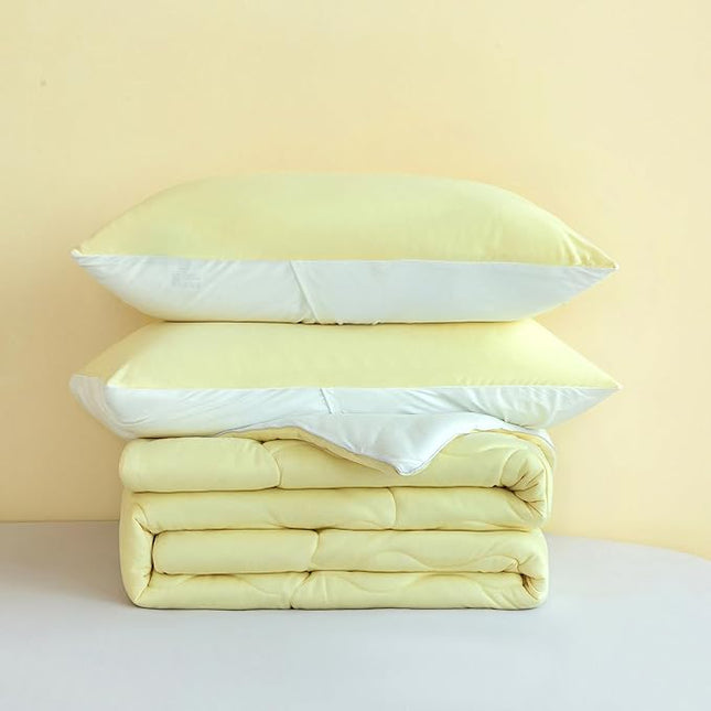 COTTEBED Yellow White Twin Size Bed Comforter Set, Cute Jersey Knit T-Shirt Feel Reversible Blanket Comforter Ultra-Soft Cozy Lightweight Quilt Pillowsham for Kid Boy Girl Dorm All Season Twin/Twin XL - LeafyLoom