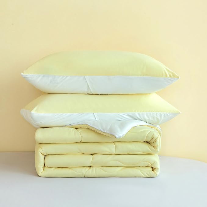 COTTEBED Yellow White Twin Size Bed Comforter Set, Cute Jersey Knit T-Shirt Feel Reversible Blanket Comforter Ultra-Soft Cozy Lightweight Quilt Pillowsham for Kid Boy Girl Dorm All Season Twin/Twin XL - LeafyLoom