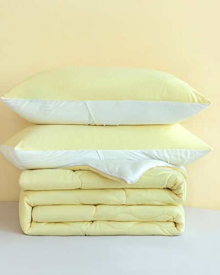 COTTEBED Reversible Queen Sized Bedding Comforter Sets - Cute Jersey Knit T-Shirt Feel Dual-Sided Full Down Comforters - Ultra-Soft Lightweight Quilt & 2 Pillow Shams All Season Use (Yellow and White) - LeafyLoom