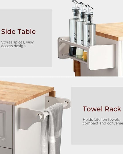 54" Rolling Kitchen Island Cart with Storage, Large Kitchen Cart Cabinet with Folding Drop Leaf Breakfast Bar, Wood Island Table for Kitchen with 3 Drawers and Spice Rack & Towel Rack, White - LeafyLoom