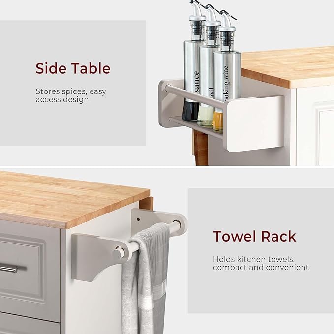 54" Rolling Kitchen Island Cart with Storage, Large Kitchen Cart Cabinet with Folding Drop Leaf Breakfast Bar, Wood Island Table for Kitchen with 3 Drawers and Spice Rack & Towel Rack, White - LeafyLoom