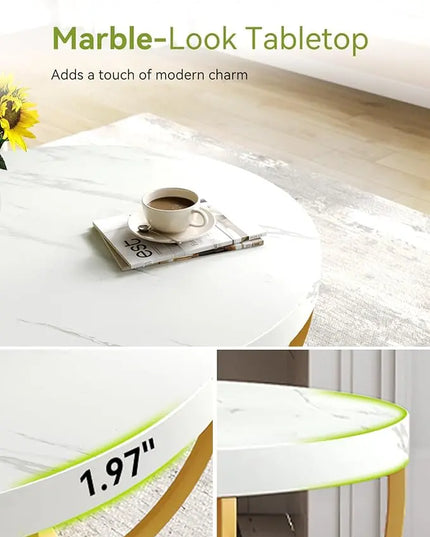 Round Coffee Table, 32" Circle Faux Marble Coffee Tables for Living Room, 2-Tier Golden Metal Legs Accent Center Table with Open Storage Modern Design Home Furniture (White and Gold) - LeafyLoom