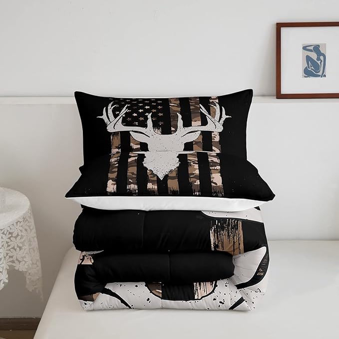 Camouflage American Flag Comforter Set, Hunting Antler Bedding Comforter Sets Brown Black Camo Striped Bedding King Size for Kids Boys Teens Adult Women, Rustic Woodland Animal Duvet Insert - LeafyLoom
