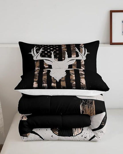 Erosebridal Brown Camo Deer Bedding Comforter Sets, American Flag Comforter Set Queen Size for Boys Teens, Western Farmhouse Antlers Bedding Retro Camouflage Geometry Striped Quilt 3 Pcs - LeafyLoom