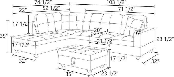 ROOMTEC 3 Piece L Shaped Sectional Sofa Set with Storage Ottoman, Left Facing Chaise Longue, Reversible Backrest w/ 2 Cup Holders, Flannel Tufted Cushions, for Living Room, Off White - LeafyLoom