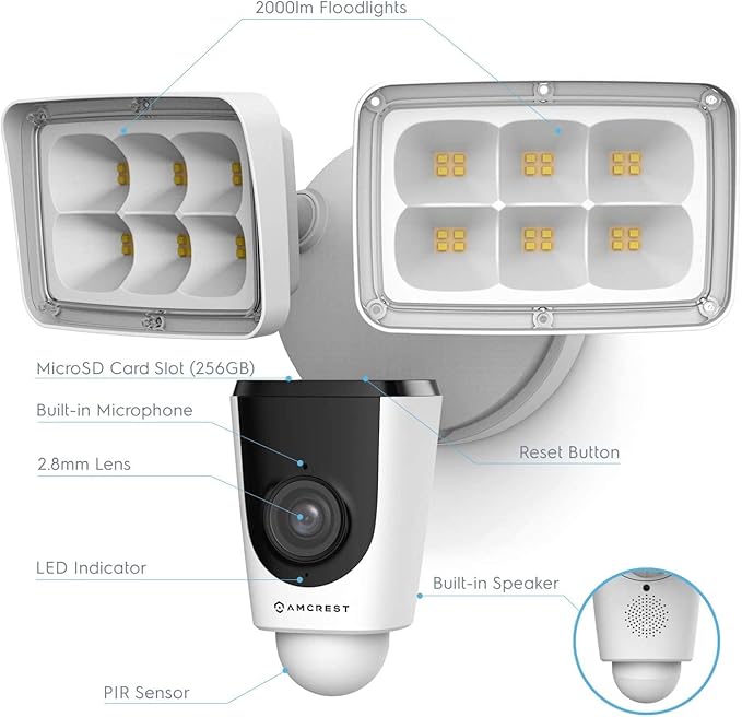 Amcrest Floodlight Camera, Smart Home 1080P Security Outdoor Camera Wireless WiFi with Flood Light, Built-in Siren Alarm, 114° View, IP65 Waterproof, MicroSD & Cloud Storage, ASH26-W Amcrest