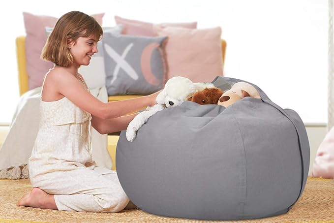 Aubliss Stuffed Animal Storage Bean Bag Chair Cover (No Beans)，Stuff and Sit Storage Bean Bag for Kids Toy Storage，X-Large 48"-Canvas Solid Grey - LeafyLoom