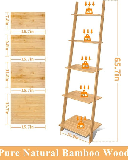 HYNAWIN Ladder Shelf Bookcase,5-Tier Bamboo Storage Rack Shelves Wall Leaning Shelf Unit,FreeStanding Plant Stand, Corner Display Shelves for Living Room, Bathroom, Kitchen, Office(65in) - LeafyLoom