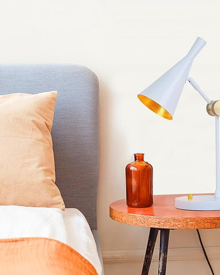 Vintage Industrial Table Lamp for bedroom, Adjustable Dimmable Desk Lamp, Brass Inner Shade Metal Table Lamp for Study, Home Office, Bedside, Nightstand, Reading Lamp Modern Mid-century, White - LeafyLoom