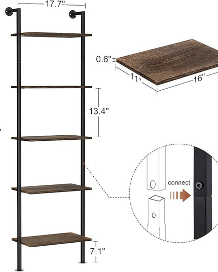 5-Tier Bookshelf Solid Wood Ladder Shelf, Narrow Book shelf Display Shelf, Wooden Ladder Shelf Bookcase, Wall Mount Ladder Shelf, Storage Rack for Living Room, Bedroom, Industrial Style, Dark Brown - LeafyLoom