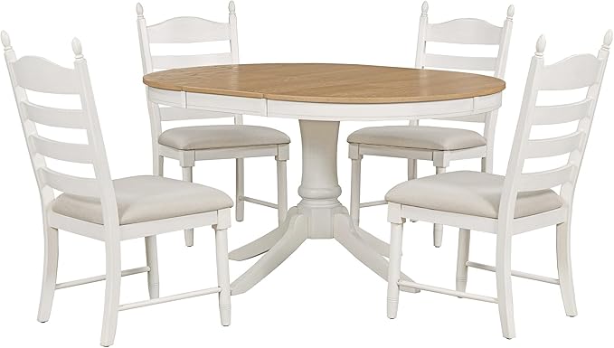 Dining Table Set for 4 Person, 5 Pieces Kitchen Table&Chairs Including Round Extendable Diningtable and Four Upholstered Chairs, Wood Grain Tabletop, Ladder Backrest, Solid Wood Rubber Legs - LeafyLoom