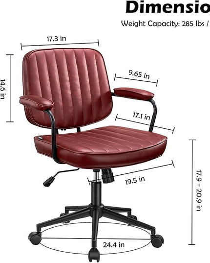 Mid Century Office Chair Leather Desk Chair Burgundy Office Desk Chair Home Office Chair with Wheels and Arms, by Artswish - LeafyLoom