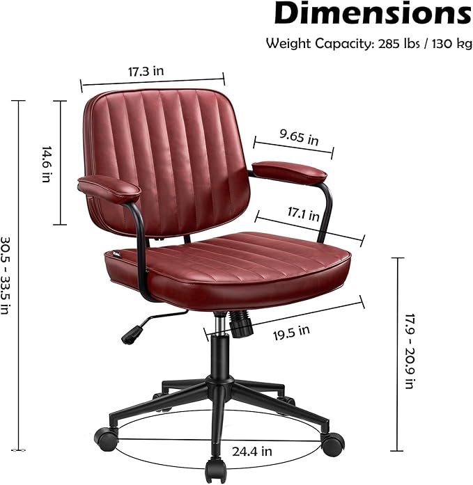 Mid Century Office Chair Leather Desk Chair Burgundy Office Desk Chair Home Office Chair with Wheels and Arms, by Artswish - LeafyLoom