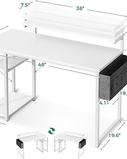KKL 48 inch Small Computer Desk with Adjustable Monitor Stand, Home Office Desk & Workstation with Storage Shelves, Reversible Work Writing Study Table for Bedroom, White - LeafyLoom