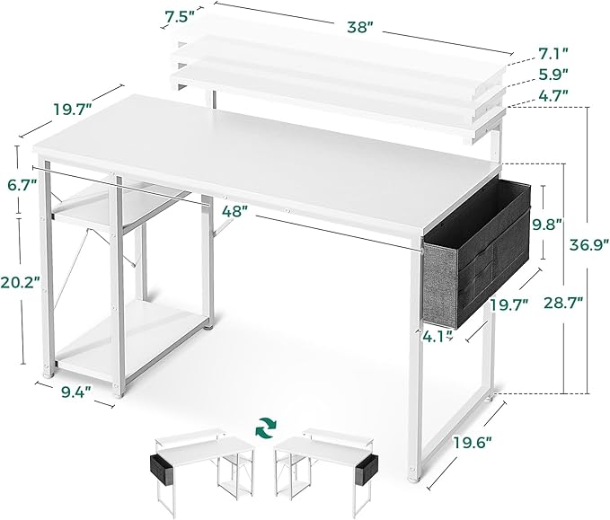 KKL 48 inch Small Computer Desk with Adjustable Monitor Stand, Home Office Desk & Workstation with Storage Shelves, Reversible Work Writing Study Table for Bedroom, White - LeafyLoom