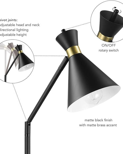Globe Electric 61000059 62" Floor Lamp, Matte Black, Matte Brass Accents, On/Off Rotary Switch on Socket, Floor Lamp for Living Room, Floor Lamp for Bedroom, Home Office Accessories - LeafyLoom