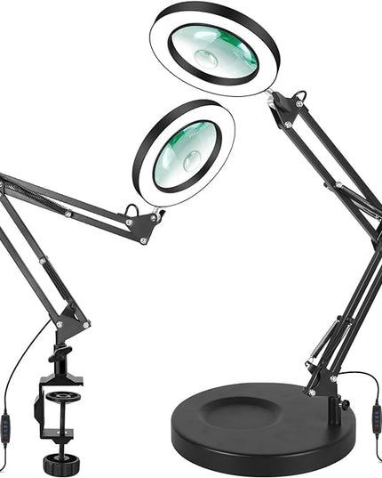 Magnifying Glass with Light and Stand,2-in-1 Lighted Magnifier Deskop lamp with Clamp,5X&10x Real Glass 3 Color Stepless Dimmable Magnifying Desk Lamp for Close Works Reading Crafts Hobby Soldering - LeafyLoom