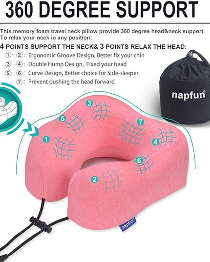 napfun Neck Pillow for Traveling, Upgraded Travel Neck Pillow for Airplane 100% Pure Memory Foam Travel Pillow for Flight Headrest Sleep, Portable Plane Accessories, Rose - LeafyLoom