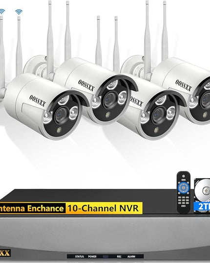 (Dual Antennas for Wi-Fi Enhanced) AI Human Detected 2K 3.0MP Wireless Security Camera System, Surveillance NVR Kits with 2TB Hard Drive, 4Pcs Outdoor WiFi Security Cameras, with Audio, Night Vision OOSSXX
