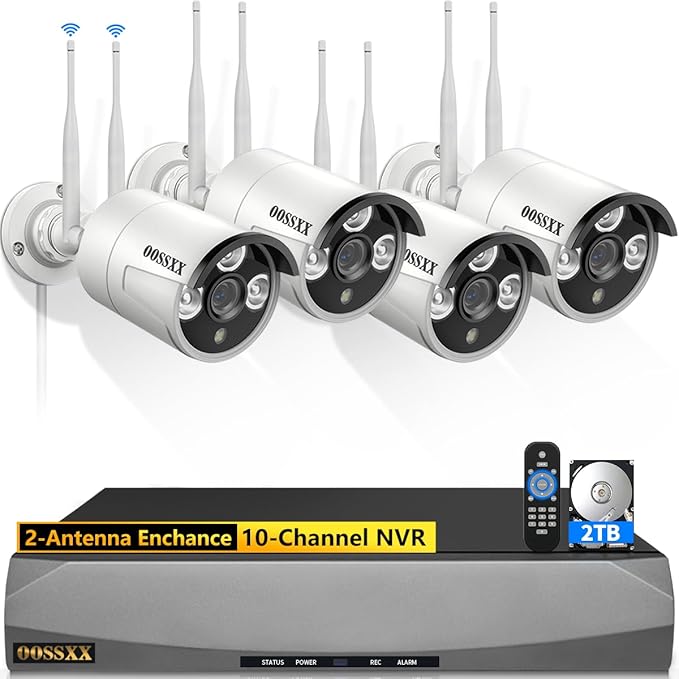 (Dual Antennas for Wi-Fi Enhanced) AI Human Detected 2K 3.0MP Wireless Security Camera System, Surveillance NVR Kits with 2TB Hard Drive, 4Pcs Outdoor WiFi Security Cameras, with Audio, Night Vision OOSSXX