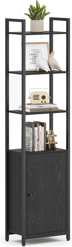 VASAGLE 6-Tier Bookshelf, Tall Bookcase with Door, Steel Frame, Adjustable Shelves, 9.4 x 15.7 x 62.8 Inches, Living Room Bedroom, Ebony Black and Ink Black ULLS132B01 - LeafyLoom