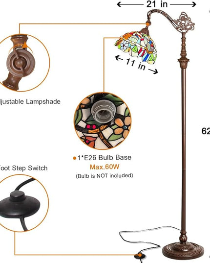 Capulina Tiffany Floor Lamp Antique Cardinal Birds Style Stained Glass Soft Light Arched Gooseneck Adjustable Angle Reading Standing Lamp for Living Room Bedroom Home Office - LeafyLoom