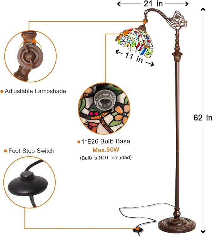 Capulina Tiffany Floor Lamp Antique Cardinal Birds Style Stained Glass Soft Light Arched Gooseneck Adjustable Angle Reading Standing Lamp for Living Room Bedroom Home Office - LeafyLoom