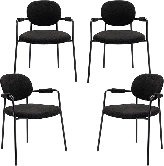 COLAMY Modern Accent Dining Chairs Set of 4, Boucle Dining Chairs with Arms, Comfy Small Sherpa Dining Armchairs with Back for Kitchen, Dining Room, Restaurant, Black - LeafyLoom