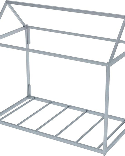 Metal Twin Size Montessori Floor Bed for Kids,Floor Bed Twin,House Bed with Slats for Boys Girls,Metal House Shape Platform Bed,No Spring Box Required,Silver - LeafyLoom