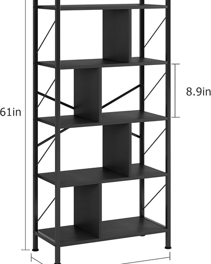 5 Tier Bookshelf with Storage, 61 Inch Tall Industrial Book Shelf with Open Display Bookshelves, 5 Shelf Bookcase with Metal Frame for Living Room, Bedroom and Home Office-Black - LeafyLoom