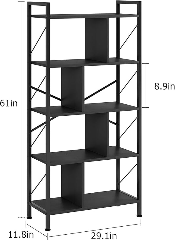 5 Tier Bookshelf with Storage, 61 Inch Tall Industrial Book Shelf with Open Display Bookshelves, 5 Shelf Bookcase with Metal Frame for Living Room, Bedroom and Home Office-Black - LeafyLoom