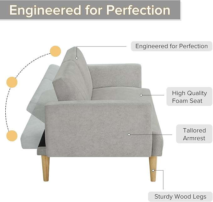 Folding Futon Sofa Tapered Wood Legs,Modern Space Saving Couch,Easily Converts to Single Bed,Easy Assembly,Multi-Functional Loveseat Ideal for Small Home Living Room,Grey, 76" - LeafyLoom