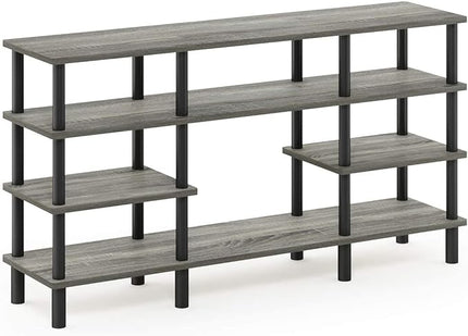 Furinno Turn-N-Tube 4-Tier Multipurpose Wide Shelf TV Stand, French Oak Grey/Black - LeafyLoom